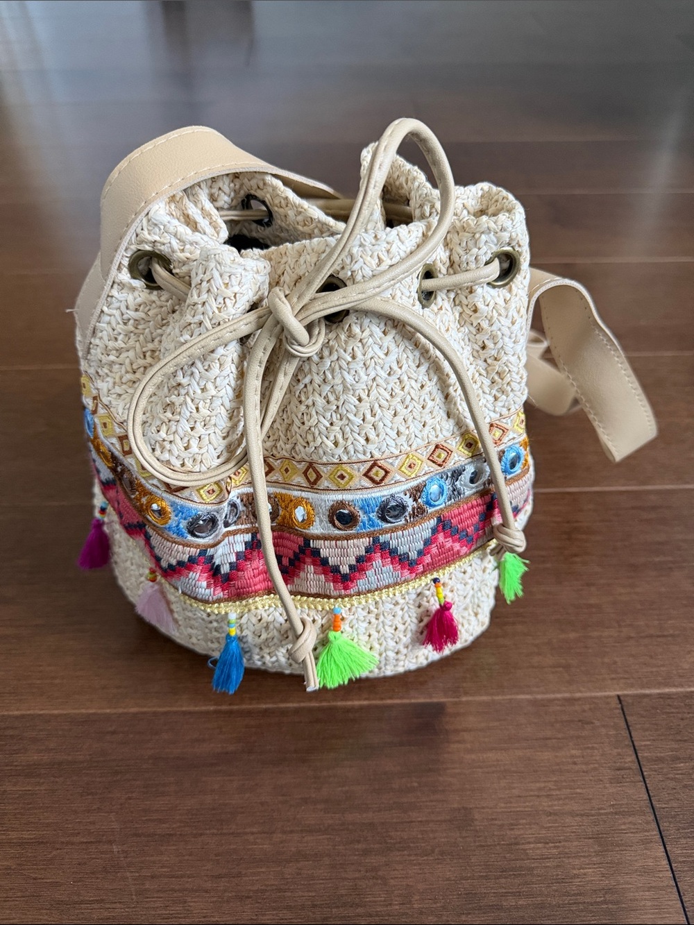 Boho Crochet Drawstring Bucket Bag - Cream with Colorful Tassels